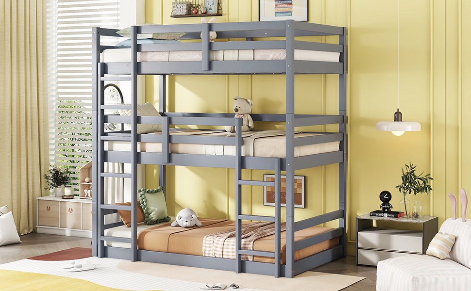 Gray triple bunk bed with sturdy wooden construction for kids rooms