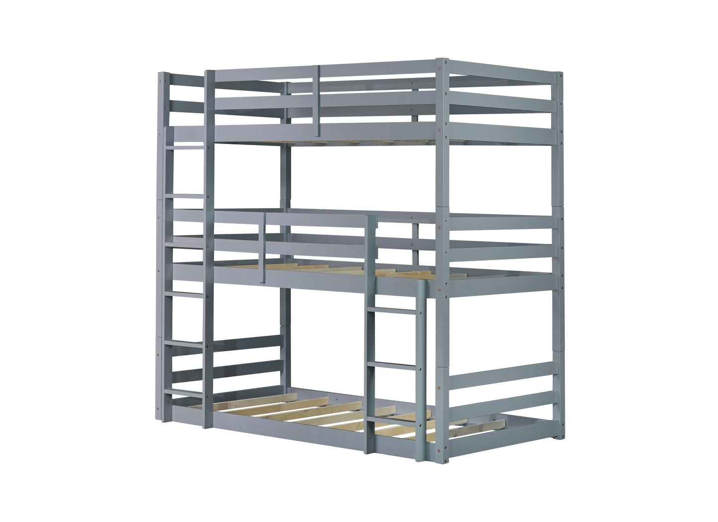 Gray wooden triple bunk bed with ladders on the side