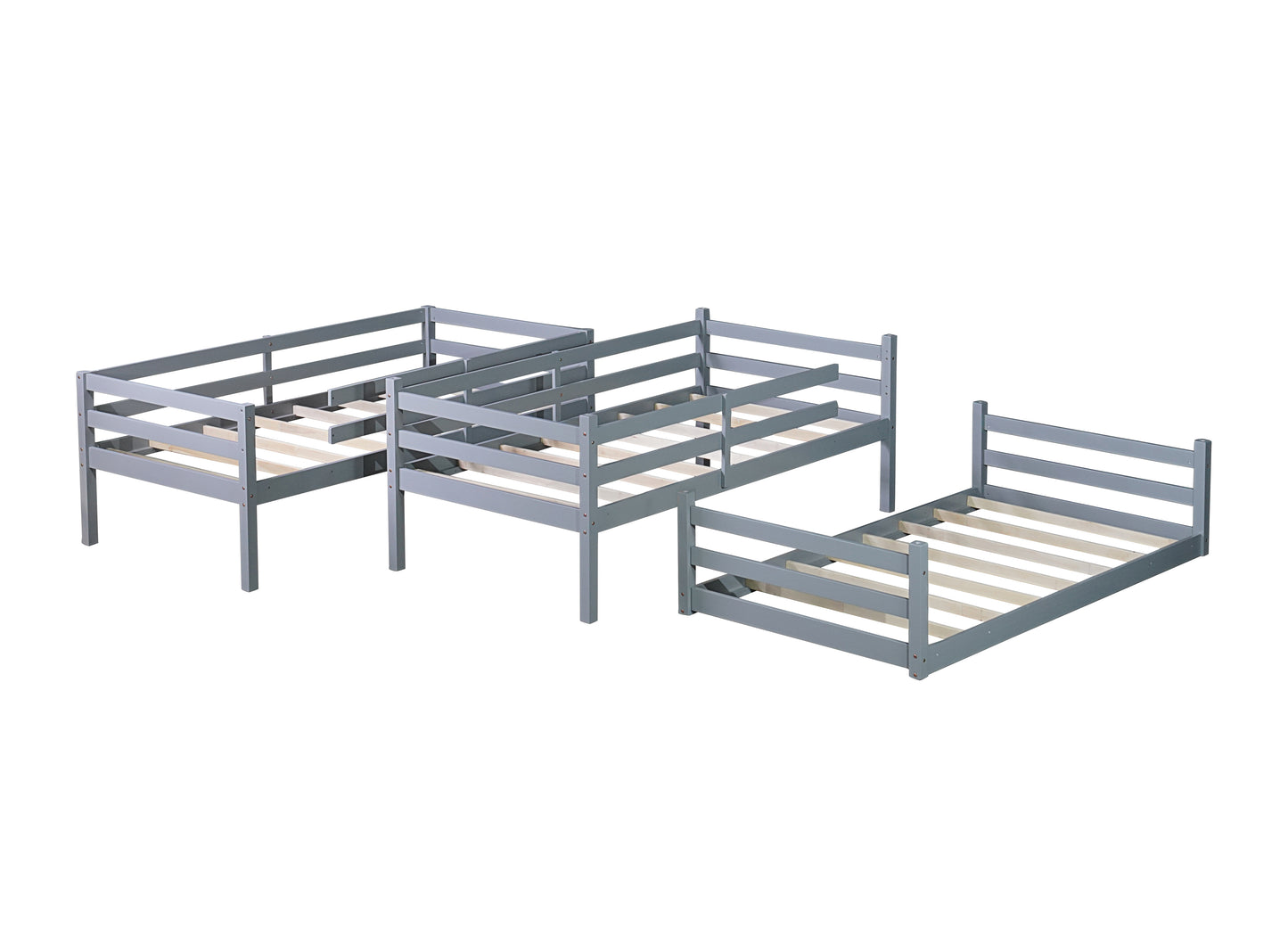 Gray wooden bunk bed frame with slatted base
