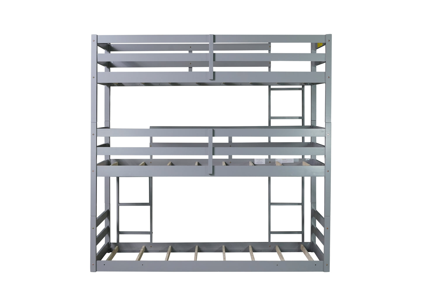 Gray wooden triple bunk bed frame with ladders