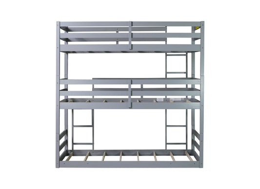Gray wooden triple bunk bed frame with ladders