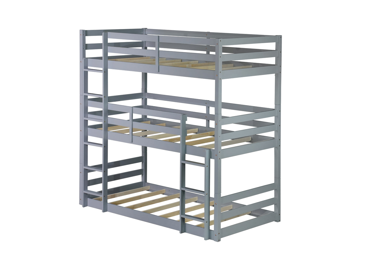 Gray wooden triple bunk bed with ladder
