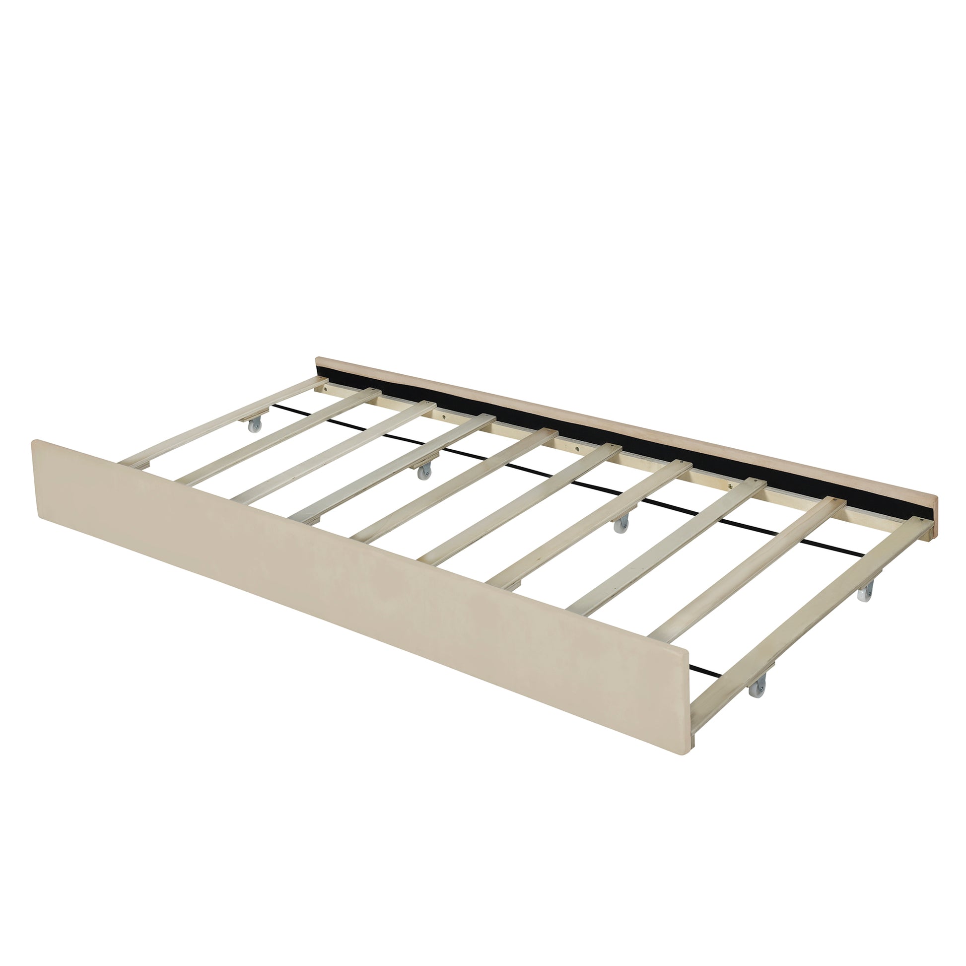 Beige upholstered trundle bed frame with wooden slats and wheels for easy pullout