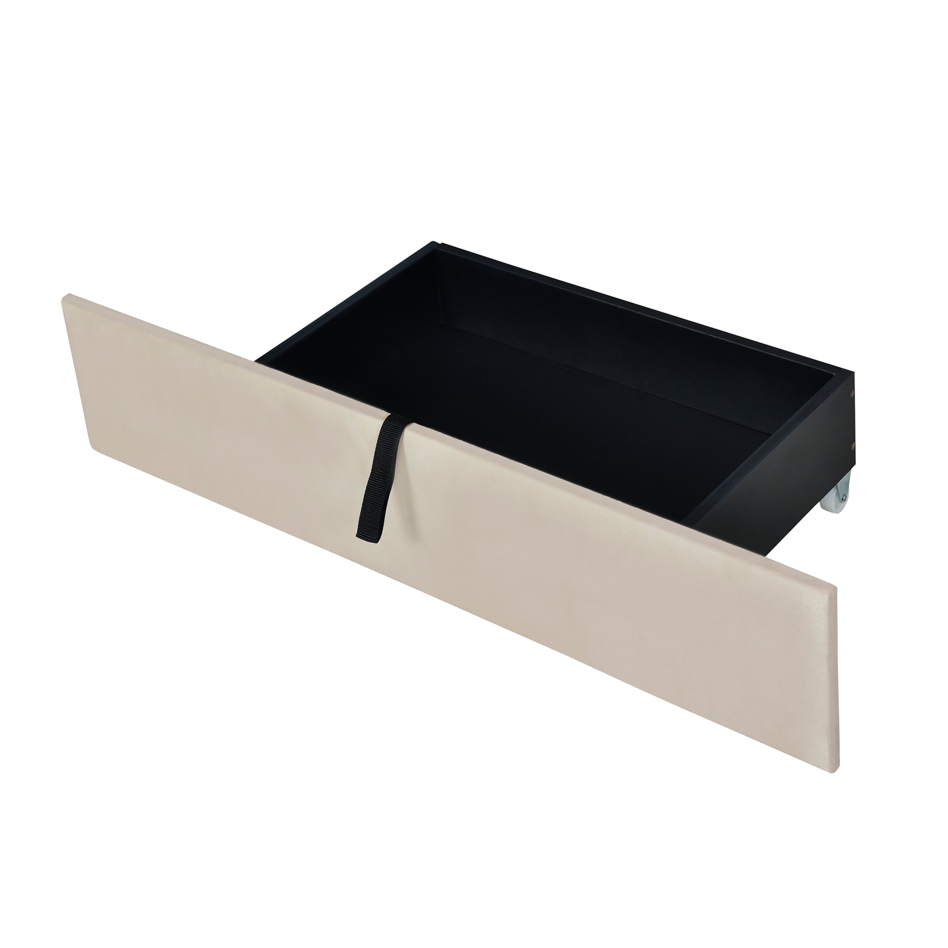 Beige upholstered drawer with black interior and wheels