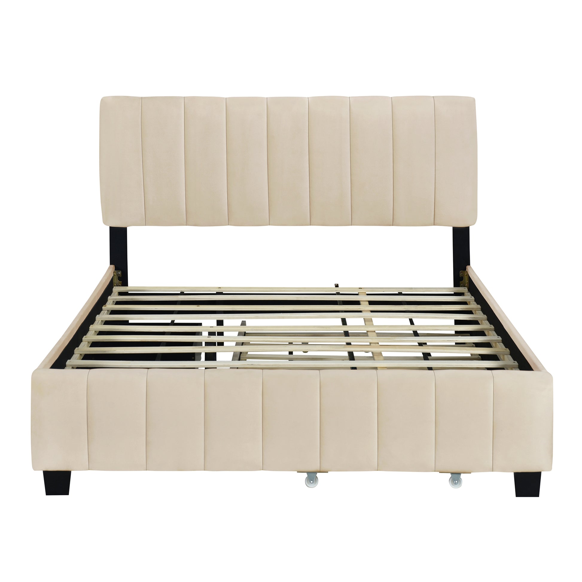 Cream upholstered bed frame with channel tufted headboard and slats