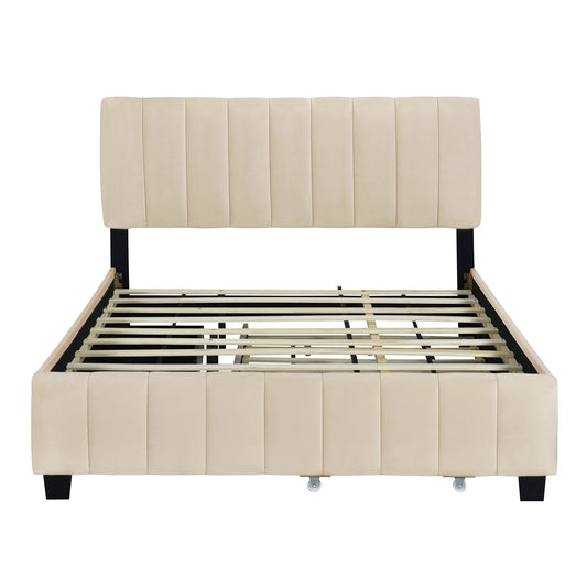 Cream upholstered bed frame with channel tufted headboard and slats