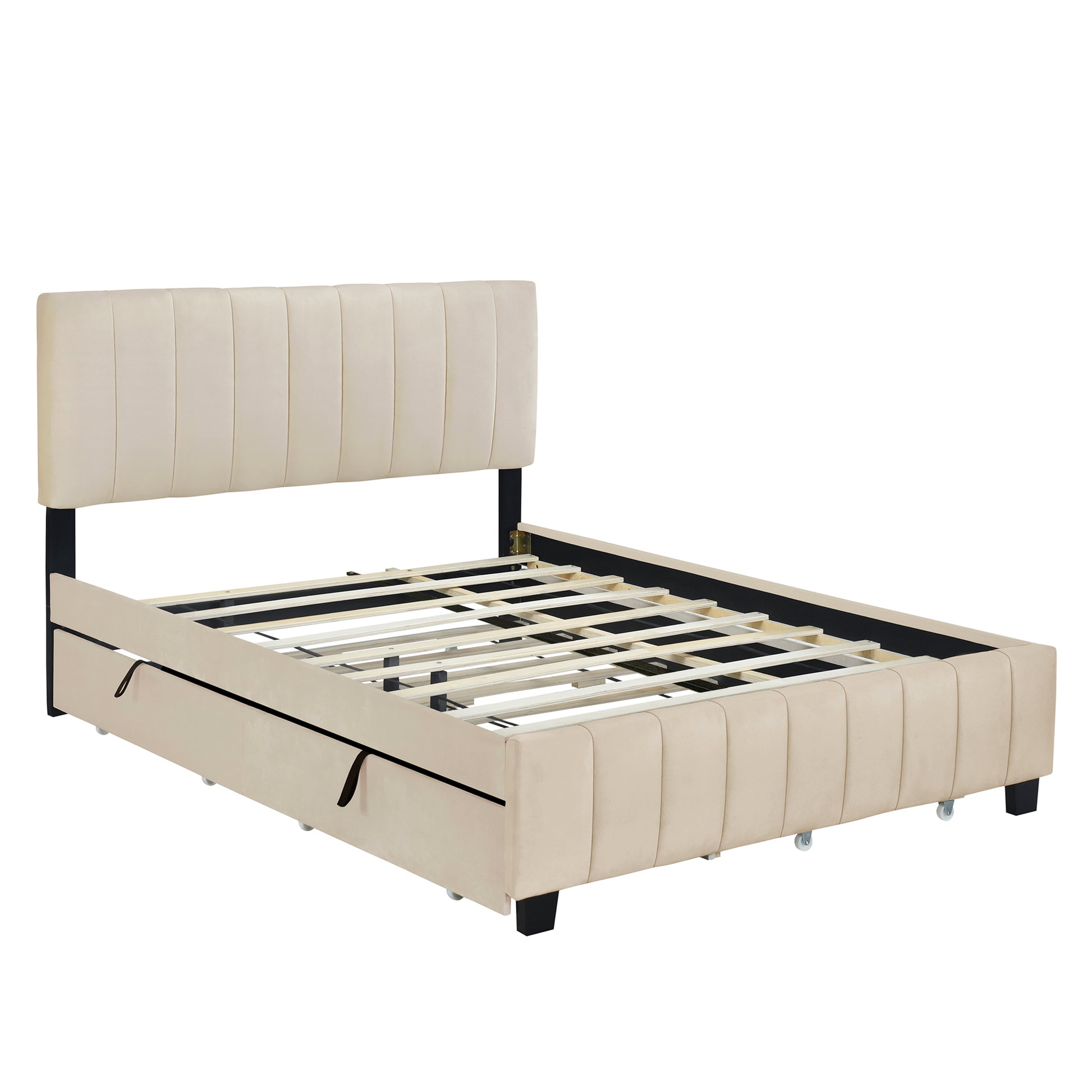 Beige velvet channel tufted bed frame with storage drawers