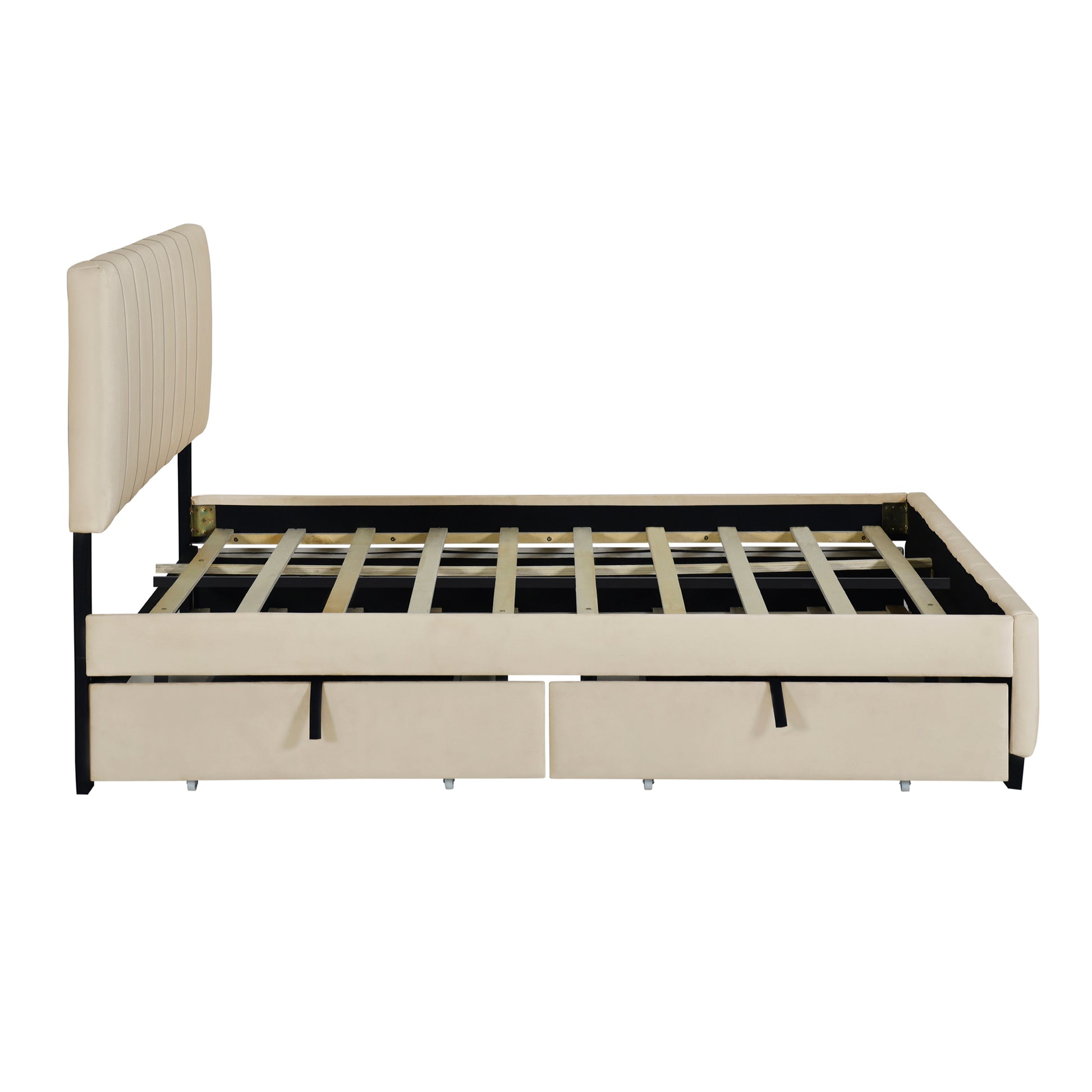 Cream upholstered bed frame with drawers and padded headboard