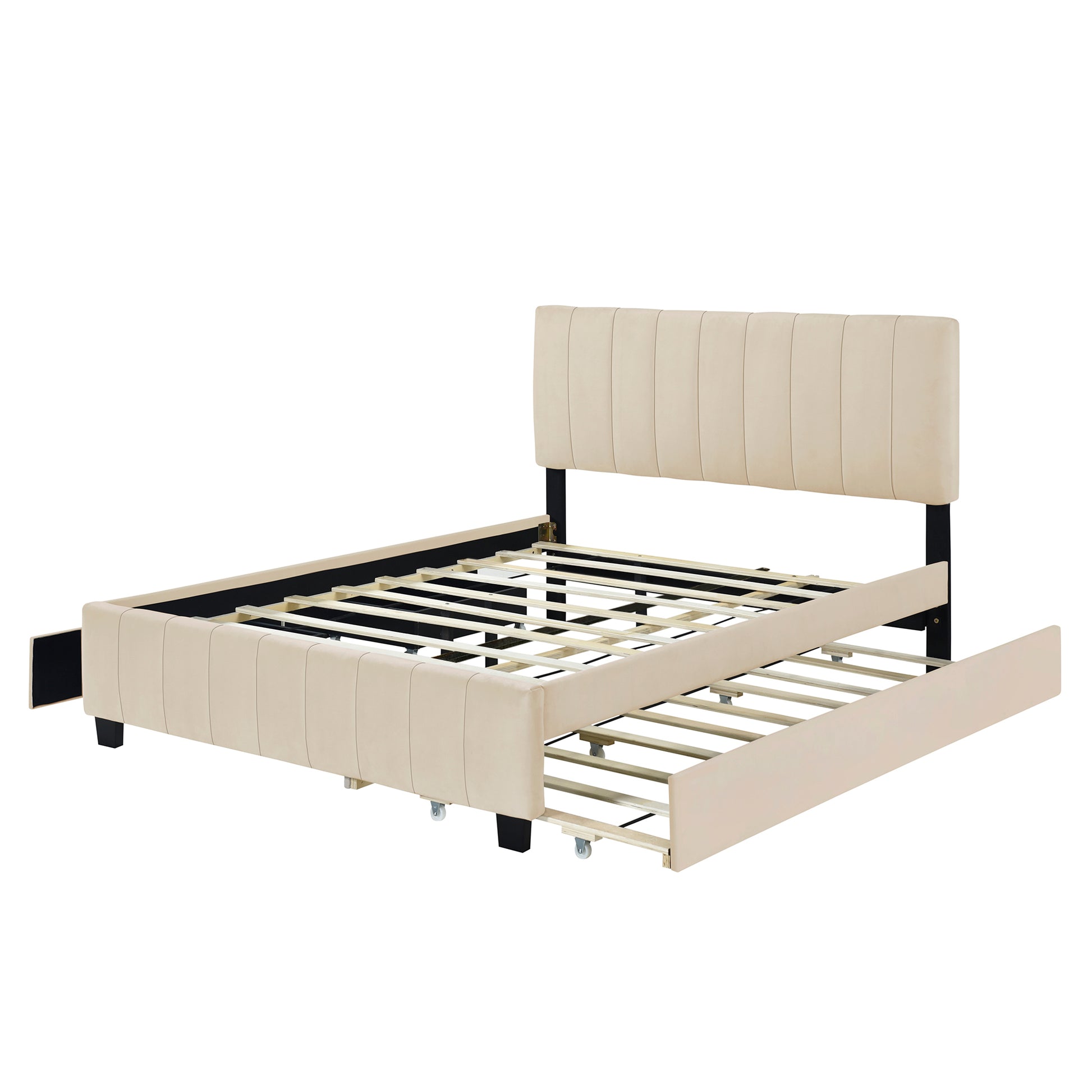 Beige upholstered twin bed frame with pullout trundle