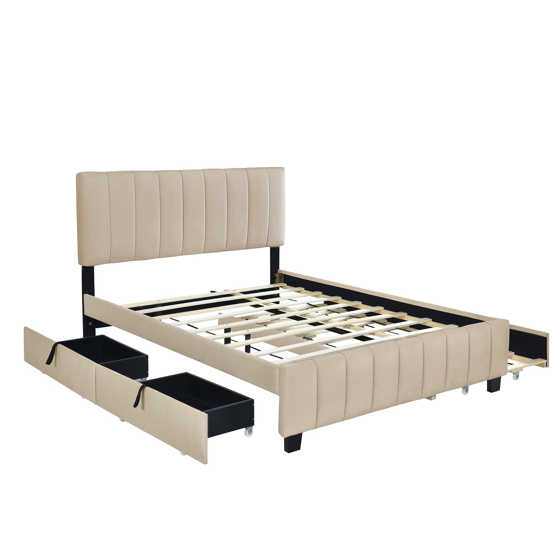 Beige upholstered bed frame with vertical channel tufting and pullout storage drawers