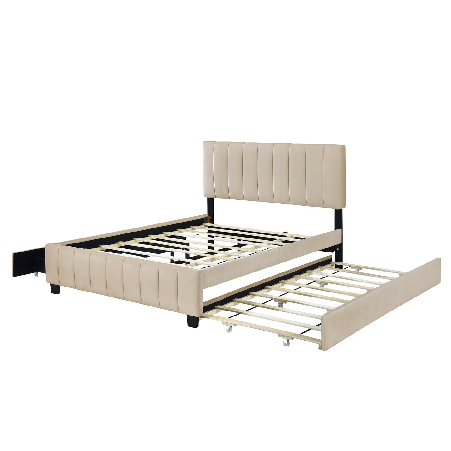 Beige upholstered bed frame with pullout trundle bed