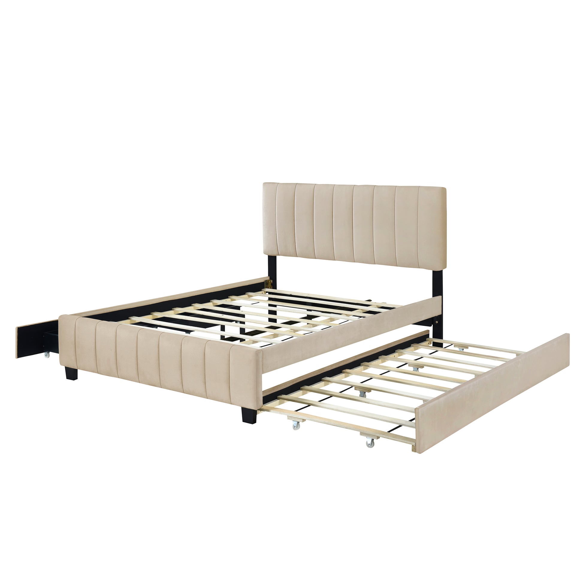Beige upholstered bed frame with pullout trundle bed