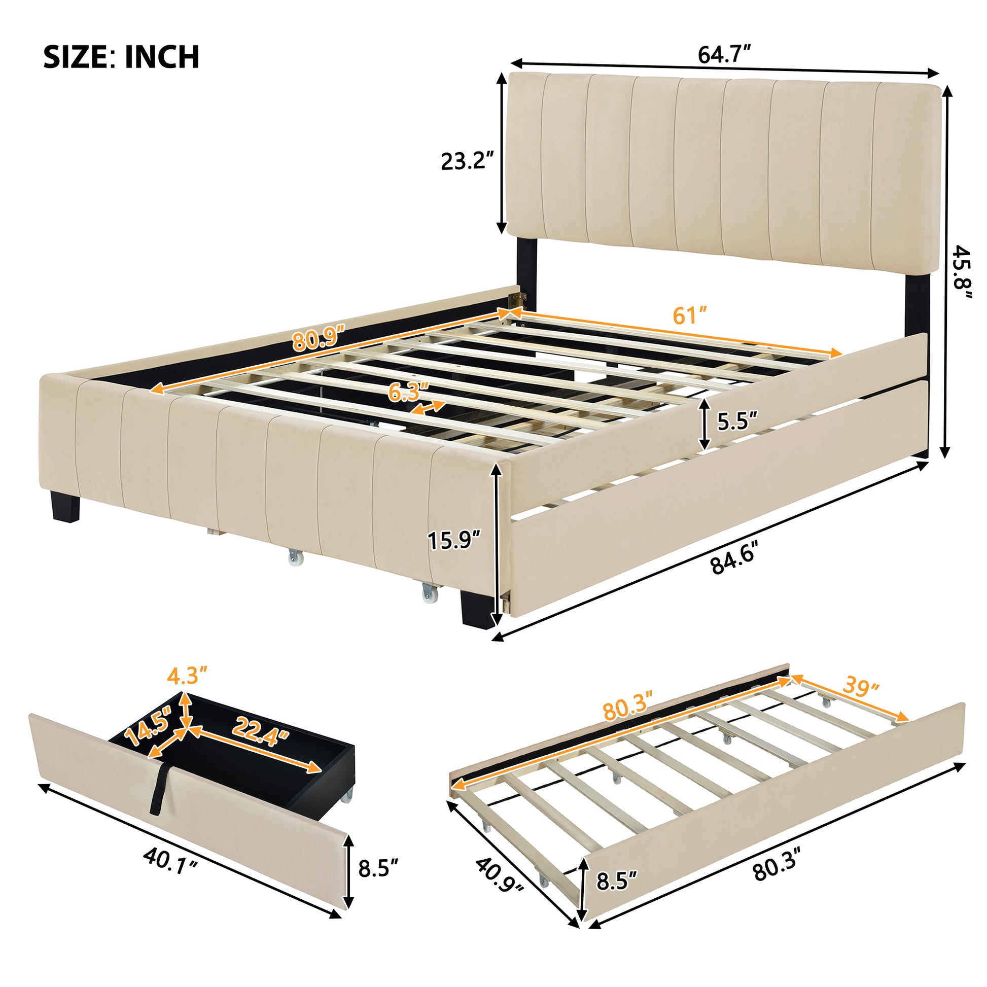 Beige upholstered bed frame with padded headboard and wooden slats