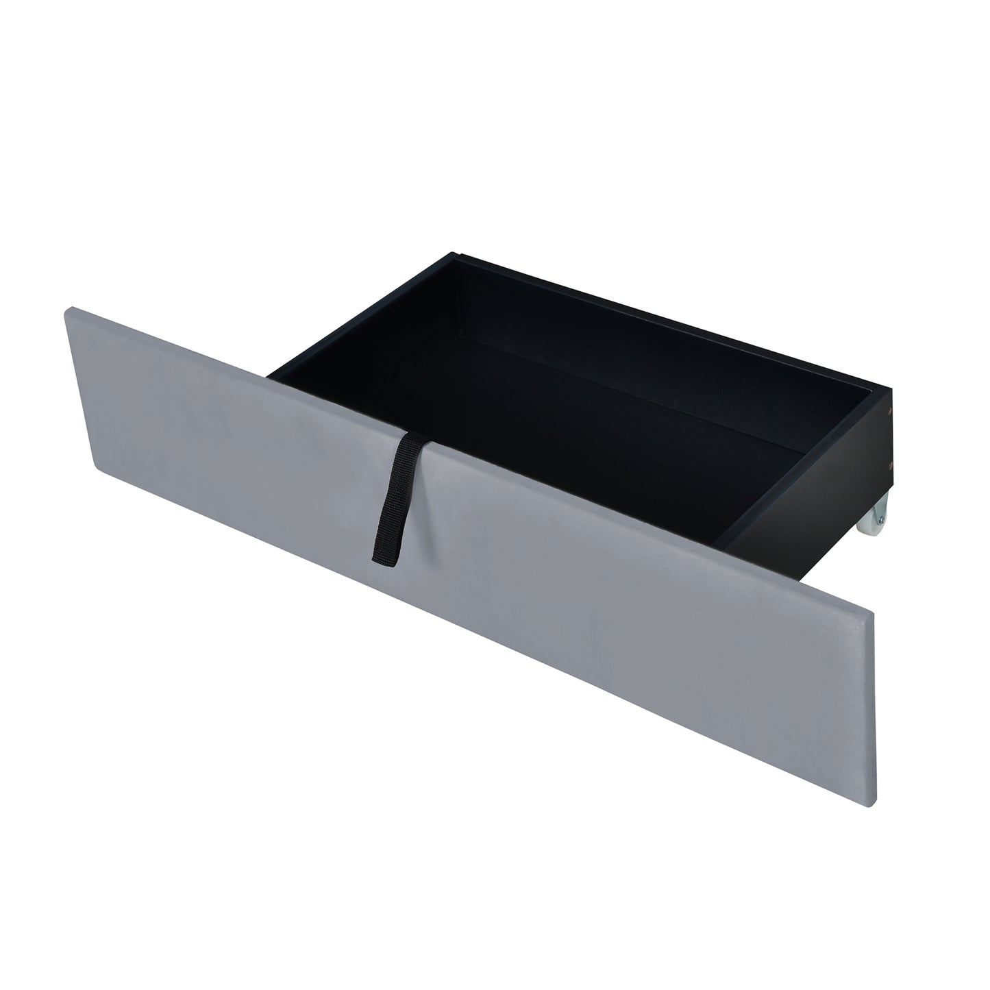 Light gray fabric storage drawer with black interior and black pull tab