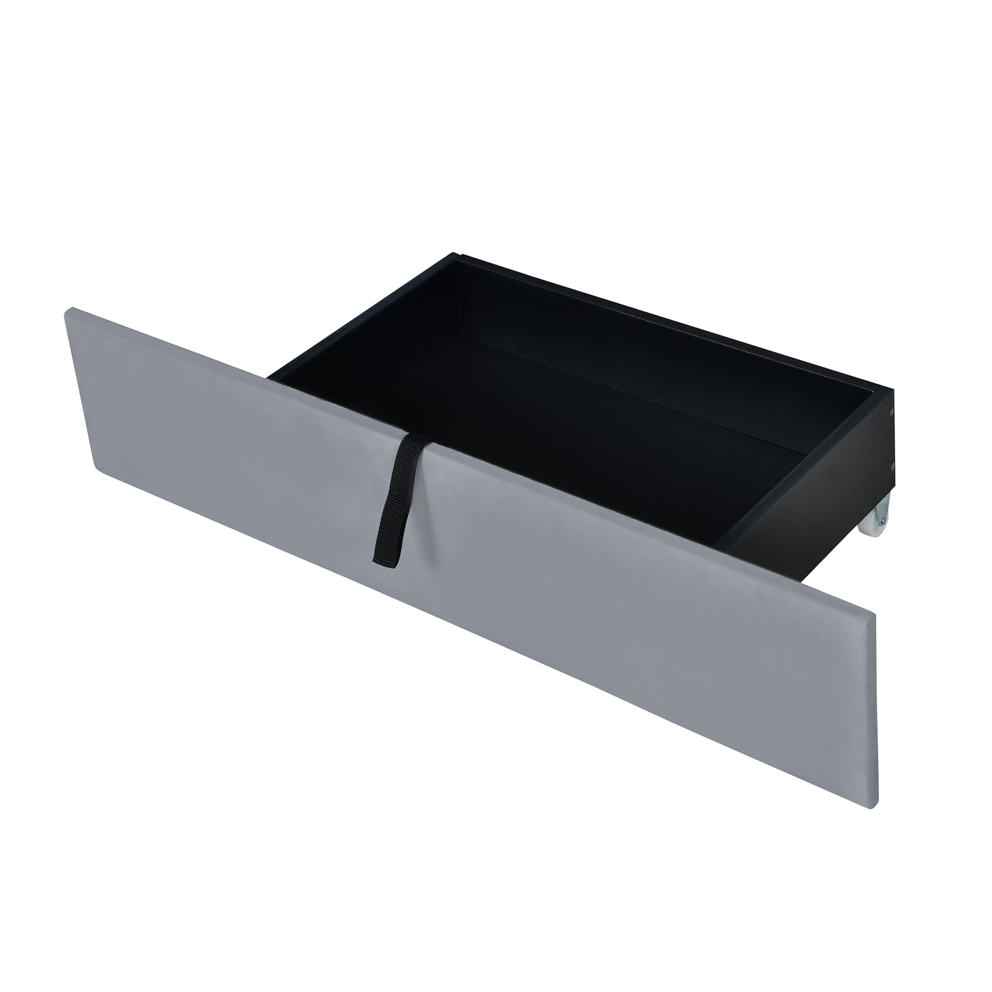 Light gray fabric storage drawer with black interior and black pull tab