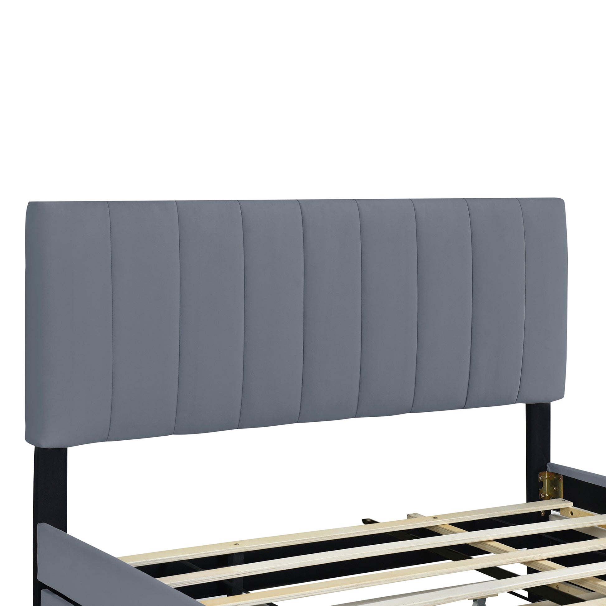 Grey upholstered headboard with vertical stitching