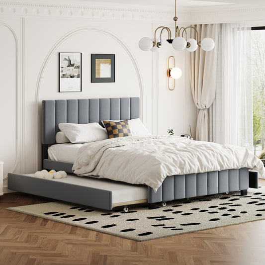 Grey upholstered bed frame with pullout trundle