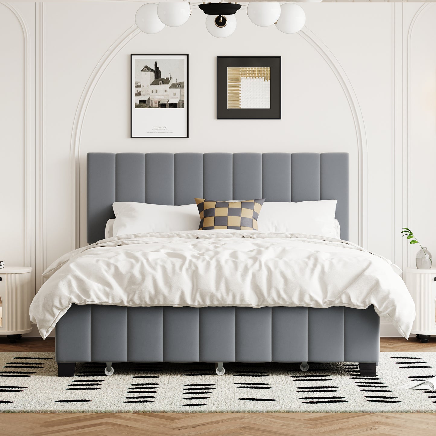 Gray upholstered bed frame with plush cushioning and a tufted headboard perfect for a modern bedroom