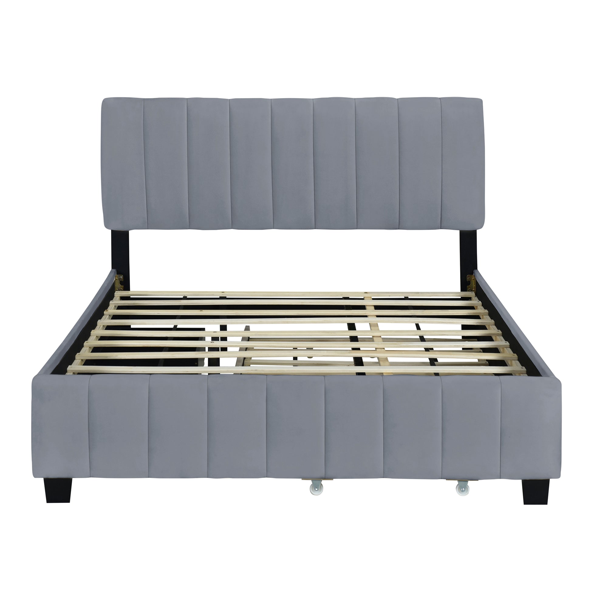 Gray upholstered bed frame with vertical channel tufting on headboard and frame