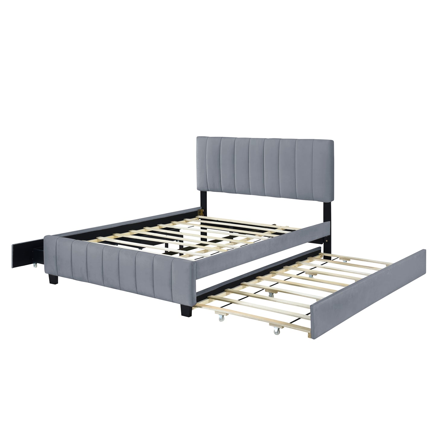 Gray upholstered twin bed frame with pullout trundle bed