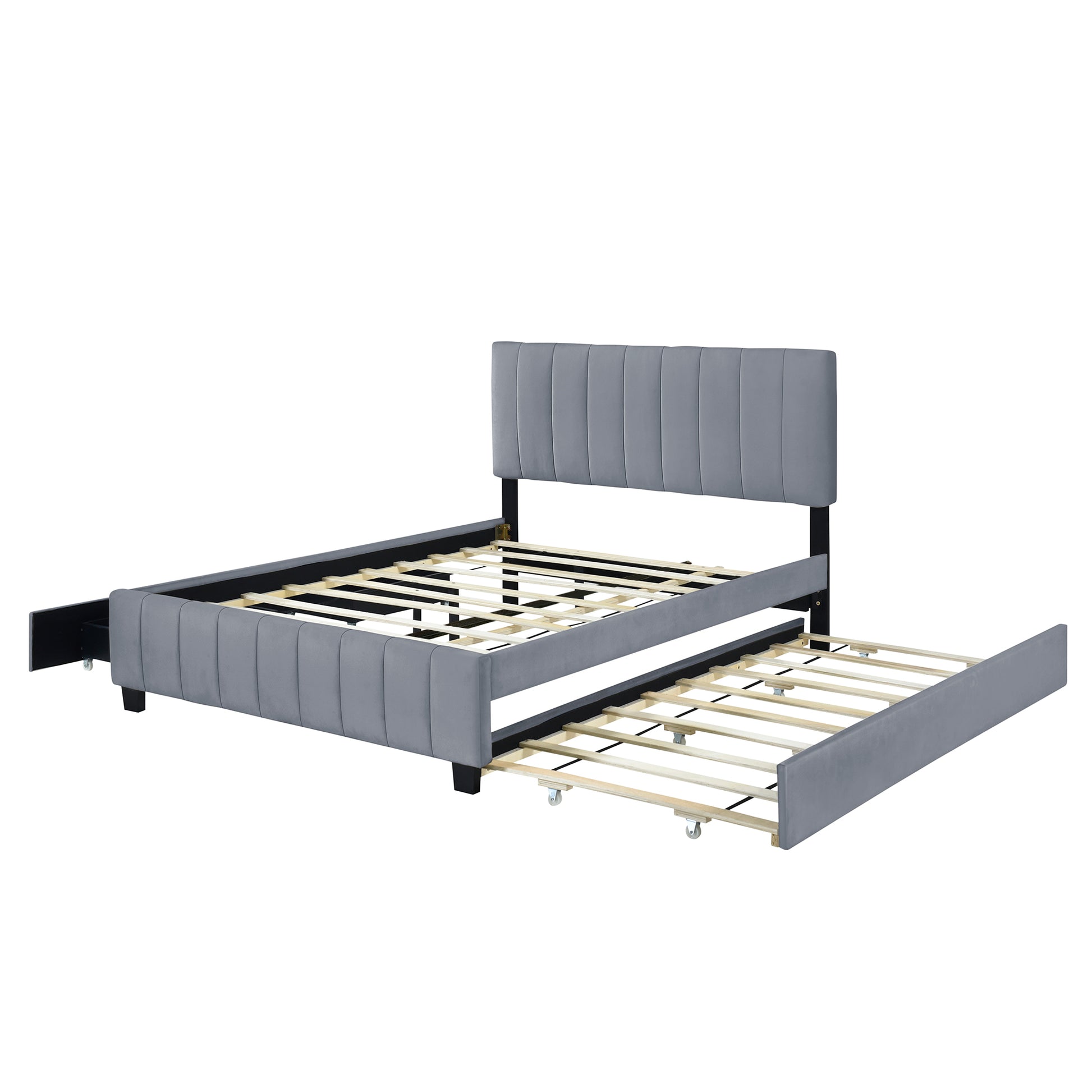 Gray upholstered twin bed frame with pullout trundle bed