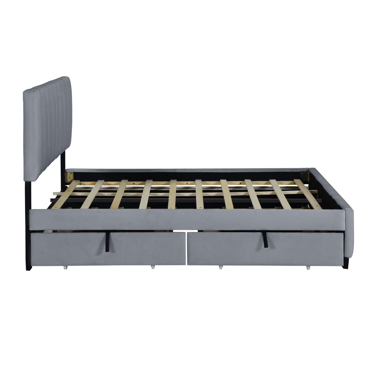 Grey velvet platform bed frame with vertical tufted headboard and two storage drawers