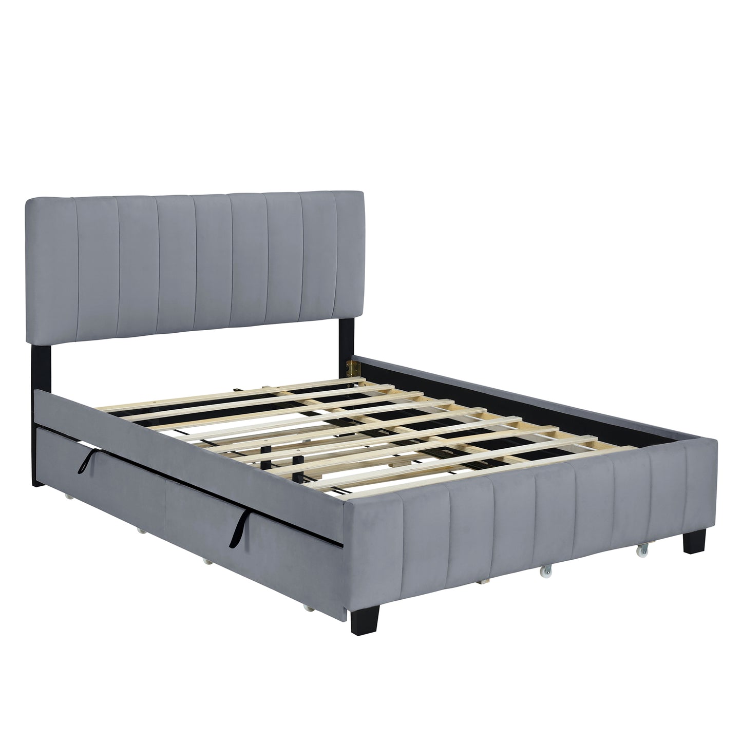Grey velvet upholstered bed frame with vertical channel tufting and pullout storage drawers