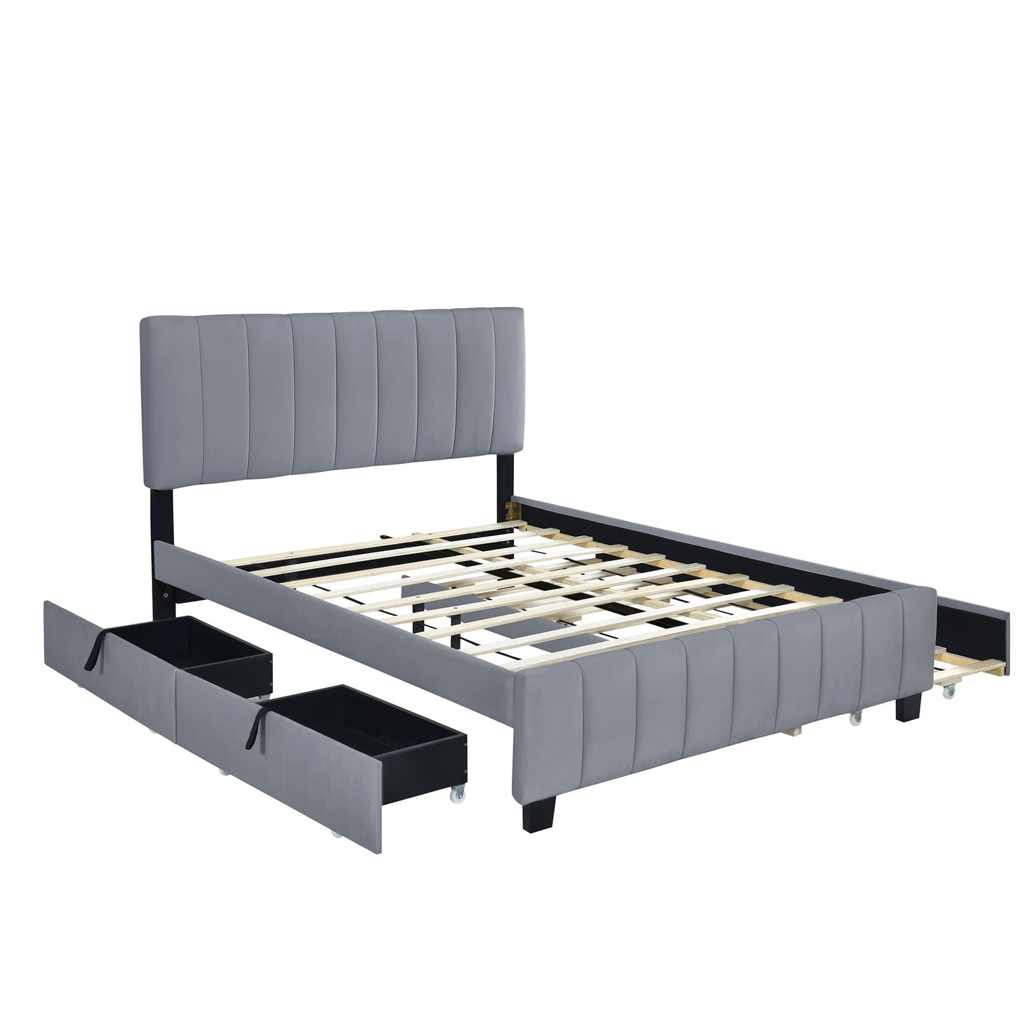 Grey velvet upholstered platform bed frame with channel tufting and storage drawers