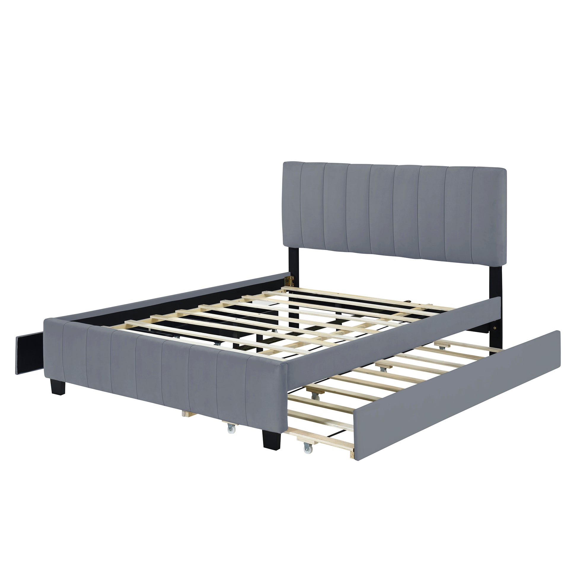 Gray upholstered queen bed frame with pullout trundle