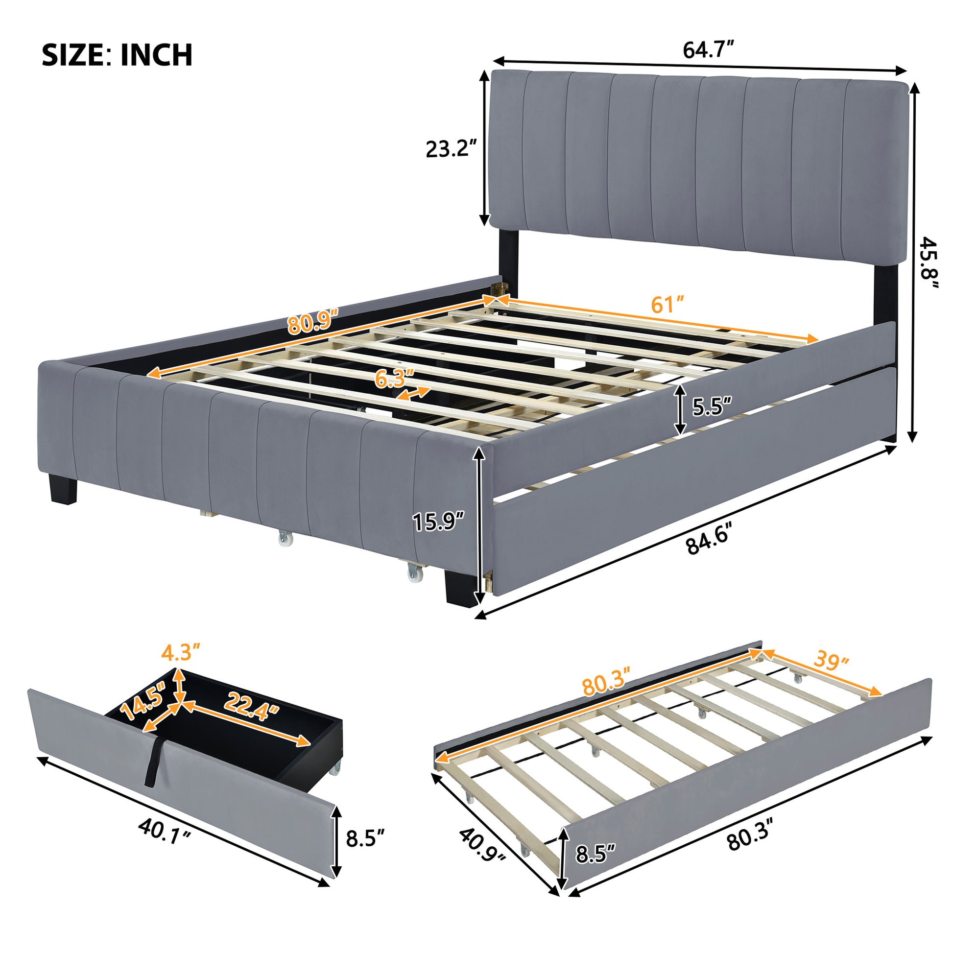 Gray upholstered platform bed frame with tufted headboard and builtin drawers