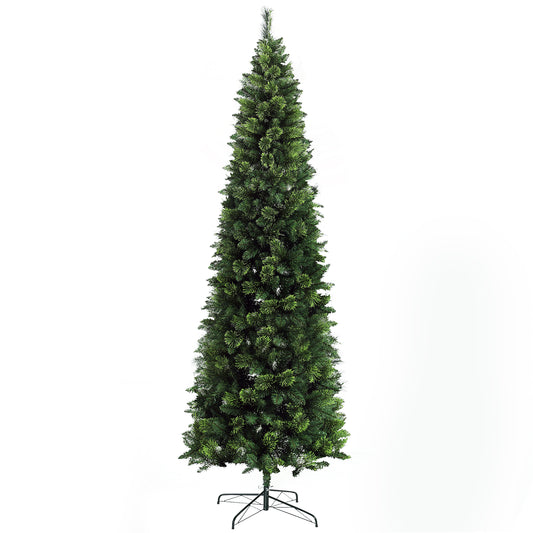 Tall slender artificial Christmas tree in vibrant green with a metal stand