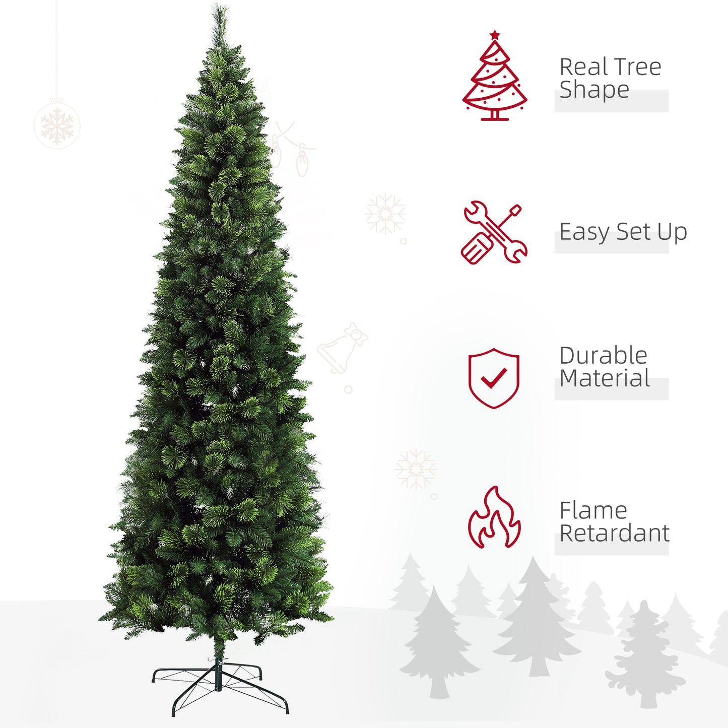 Tall slender artificial Christmas tree with dense green branches and a metal stand