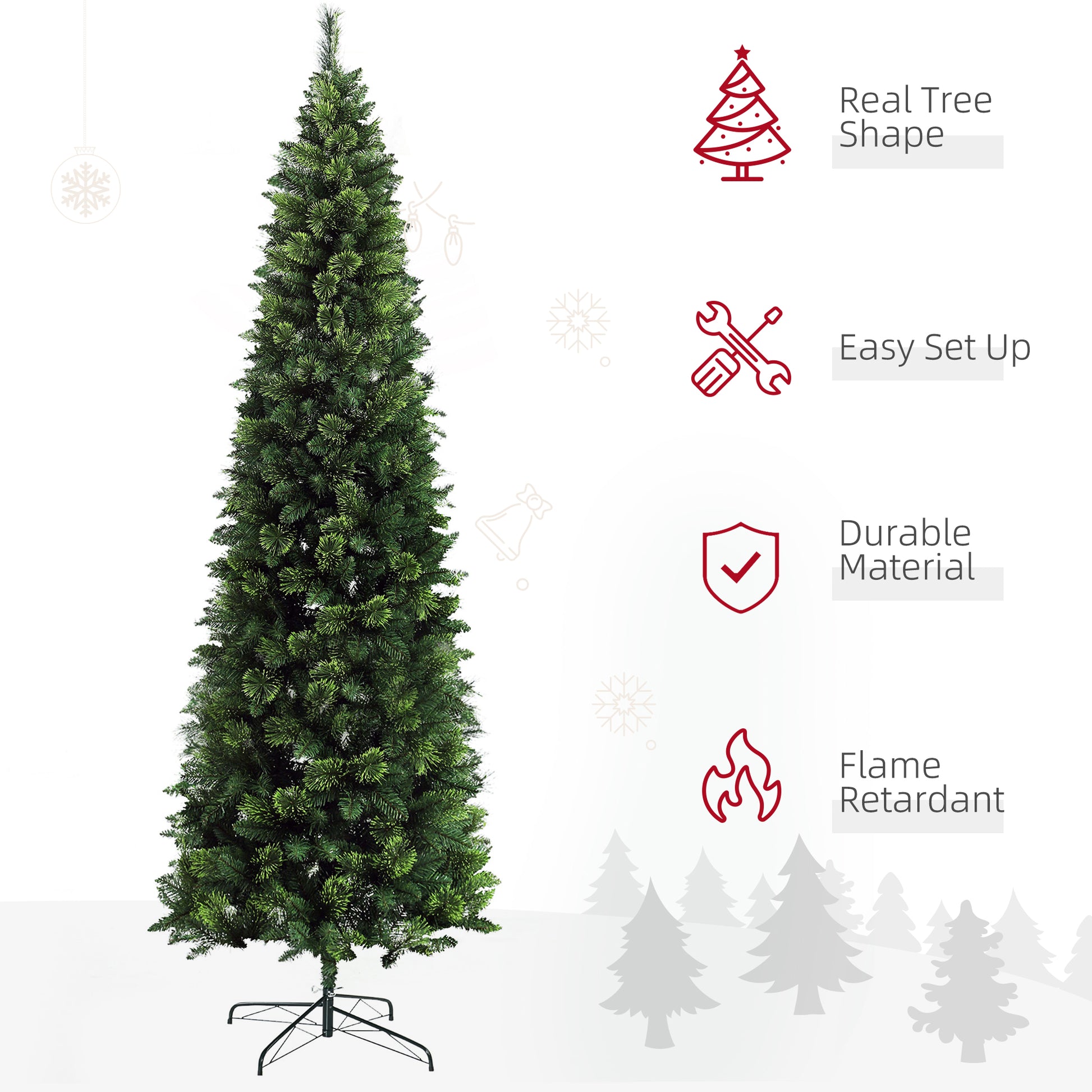 Tall slender artificial Christmas tree with dense green branches and a metal stand
