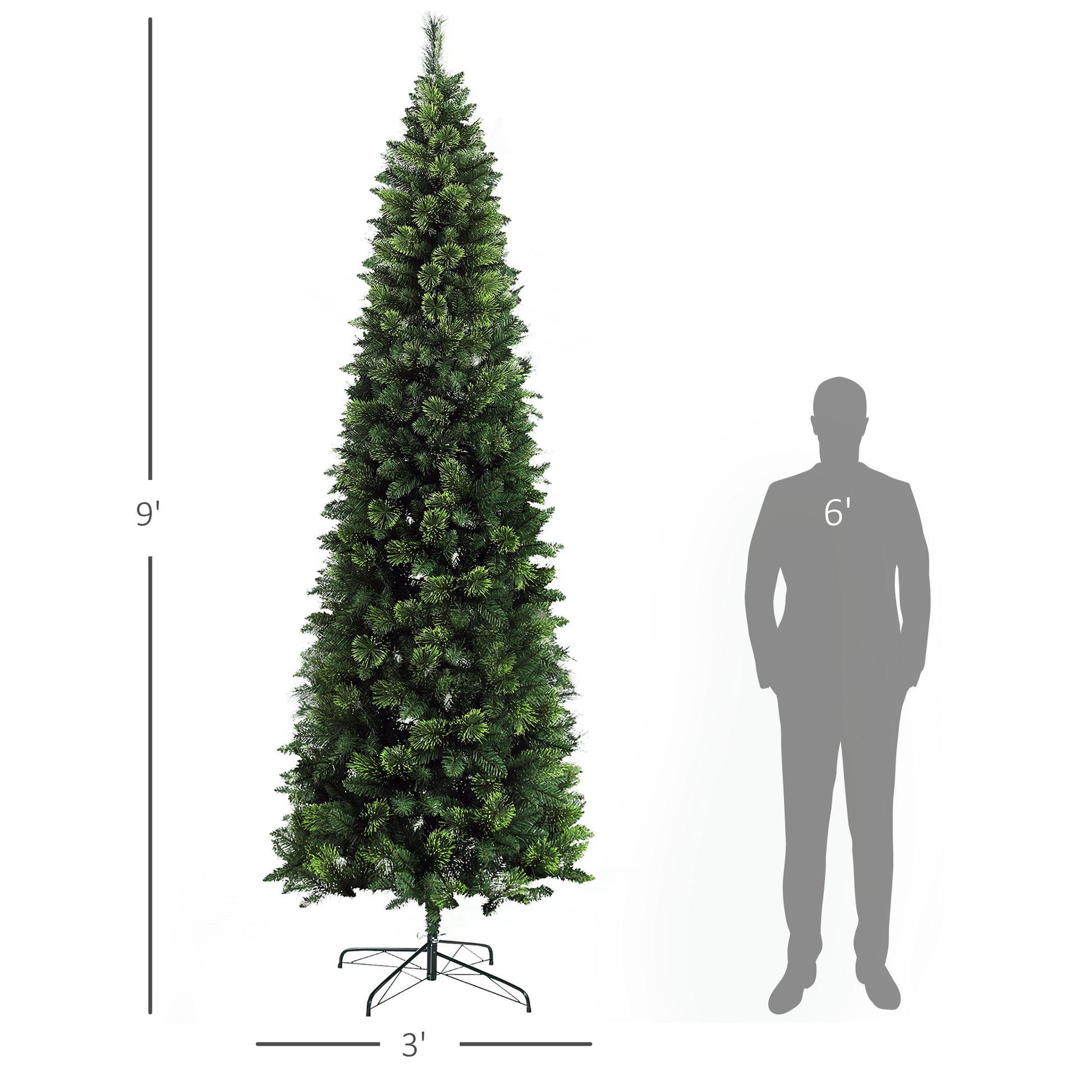 Tall ft artificial Christmas tree slim profile lush green branches shown next to a ft silhouette
