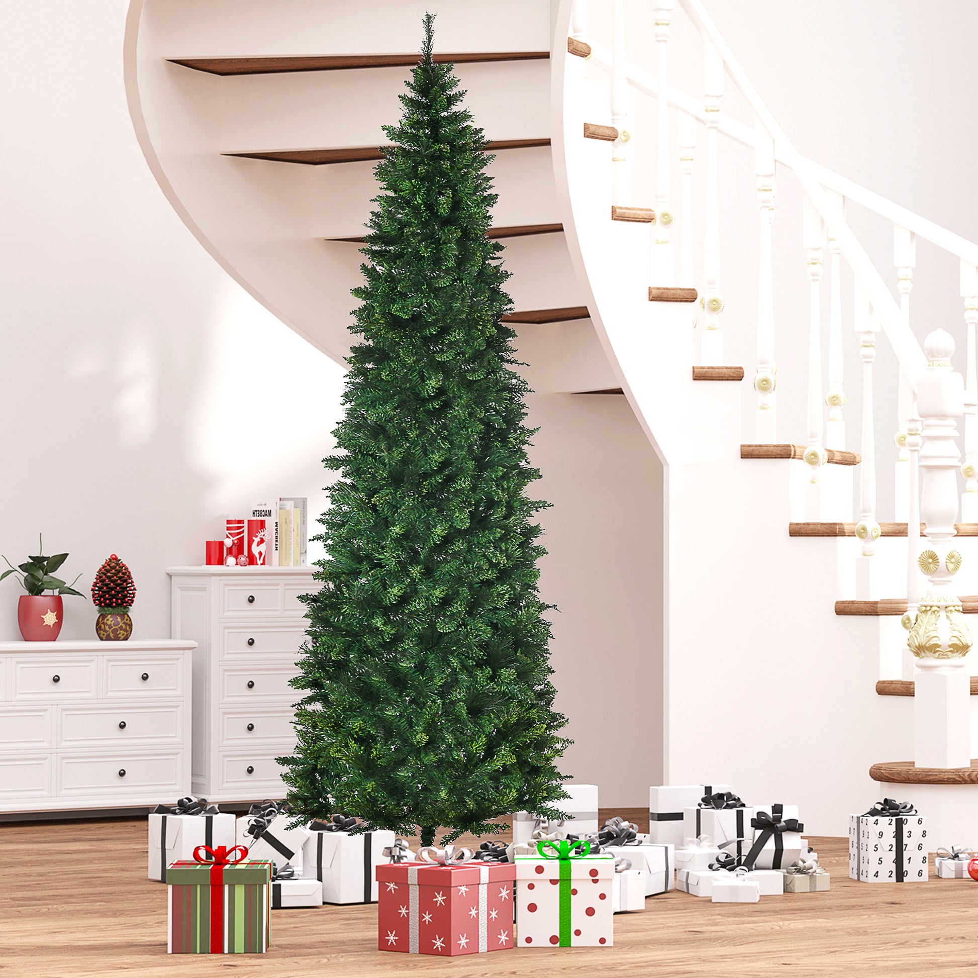 Tall slender artificial Christmas tree with dense green needles ready for holiday decorating
