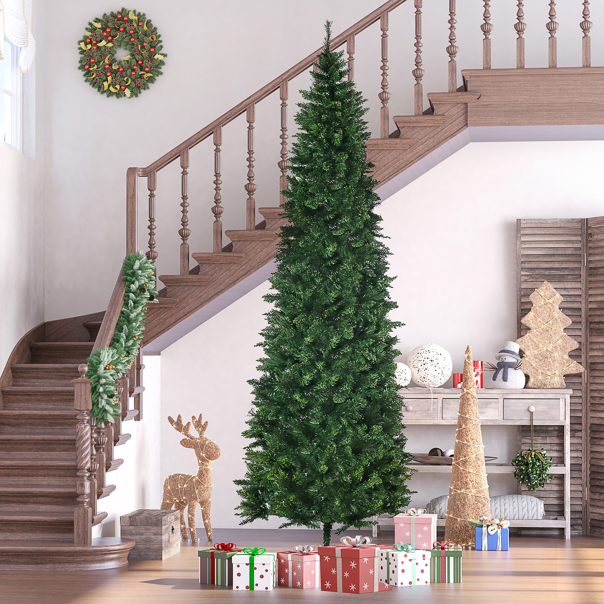 Green artificial Christmas tree with dense branches ideal for holiday decor