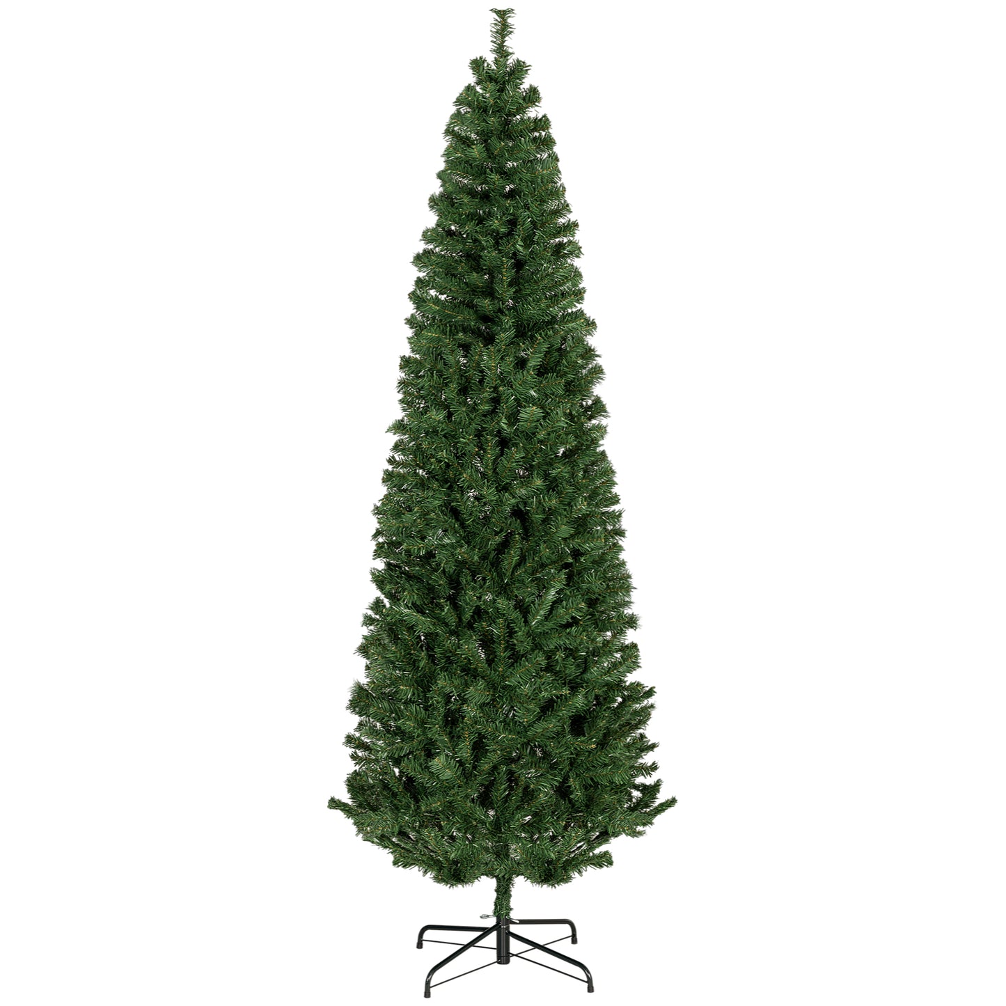 Tall slender artificial Christmas tree with realistic green needles on a black metal stand