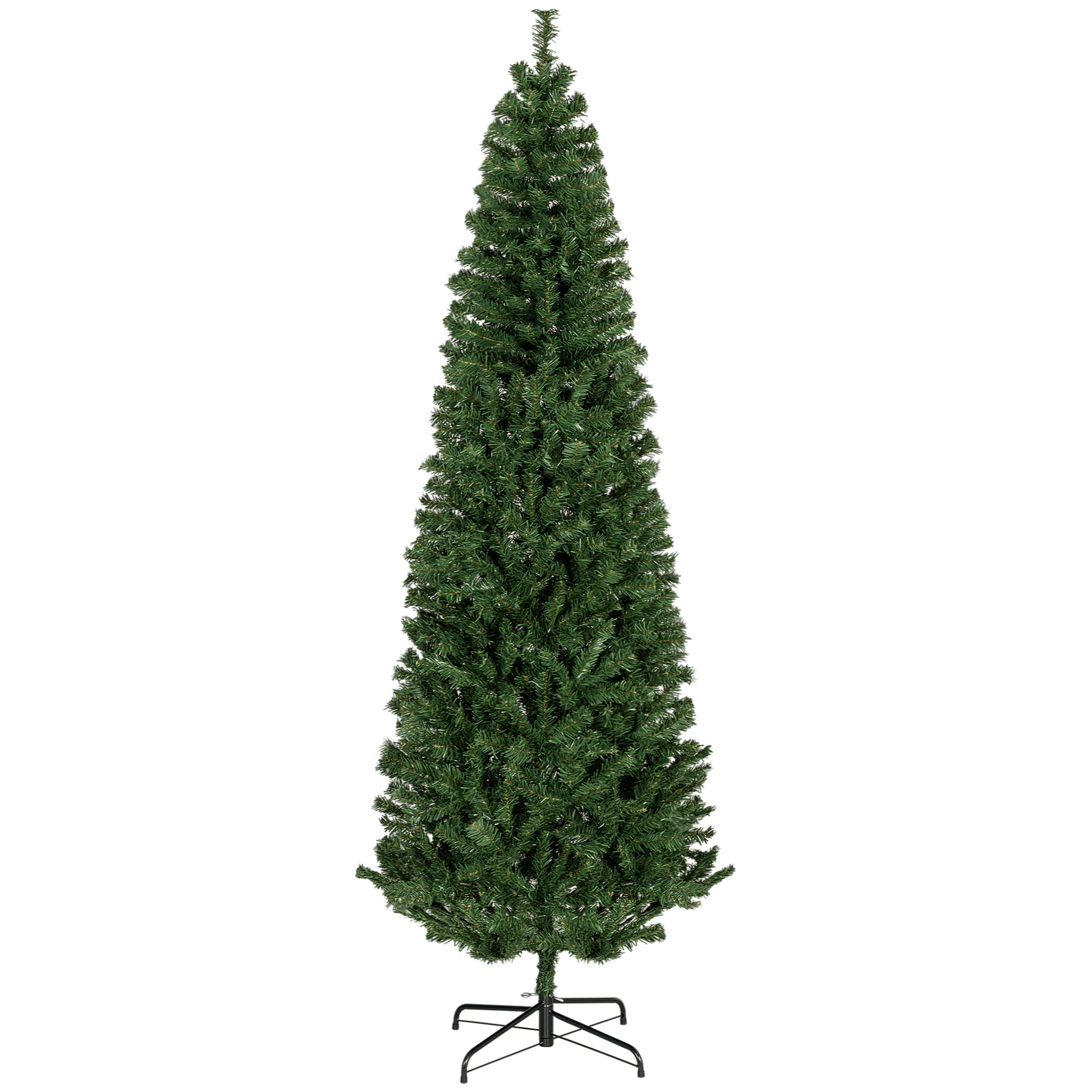 Tall slender artificial Christmas tree with realistic green needles on a black metal stand