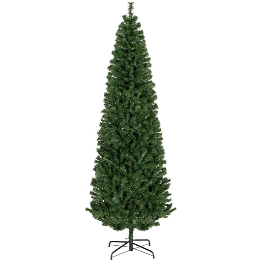 Tall slender artificial Christmas tree with realistic green needles on a black metal stand