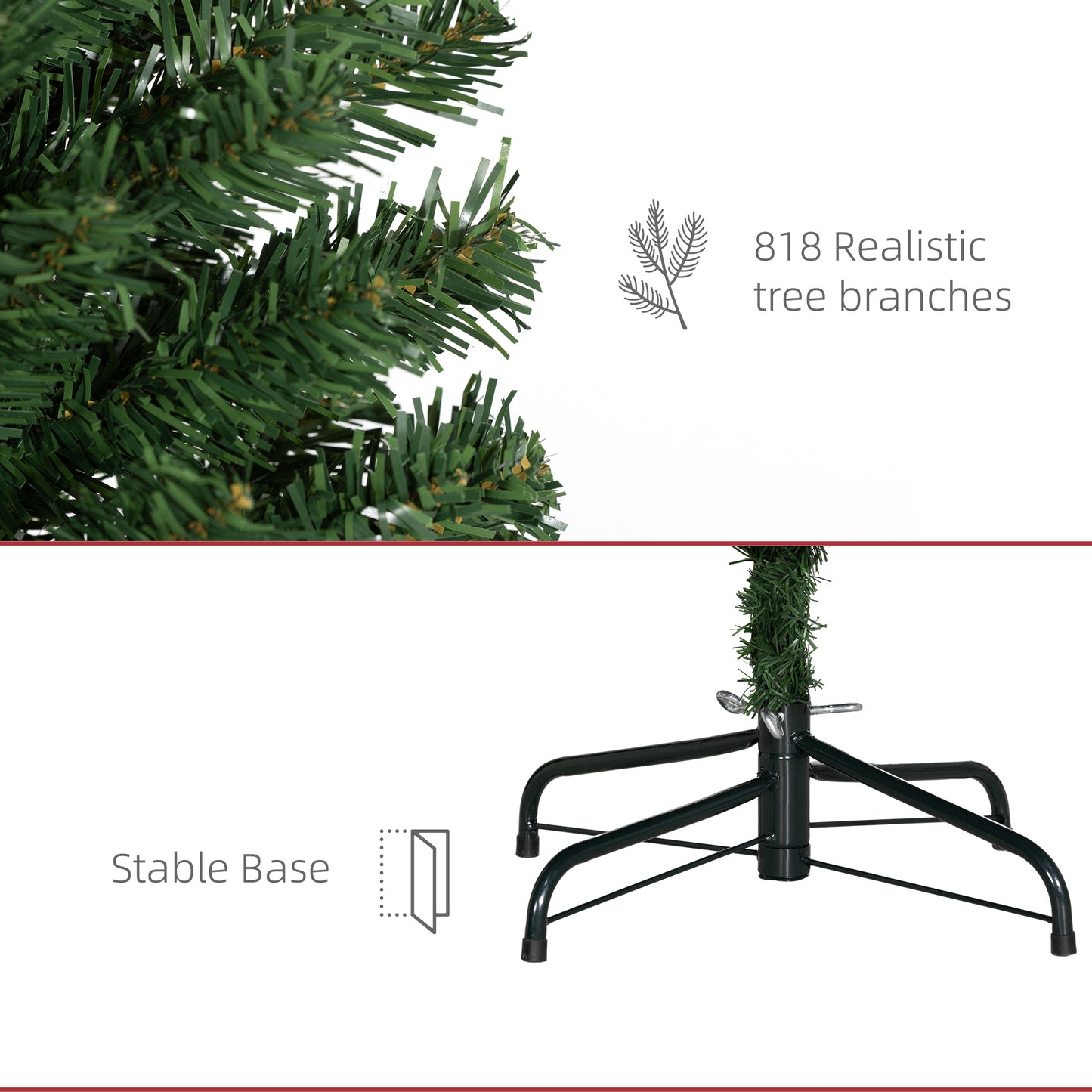 Closeup of lush green artificial tree branches with subtle golden tips featuring realistic detail