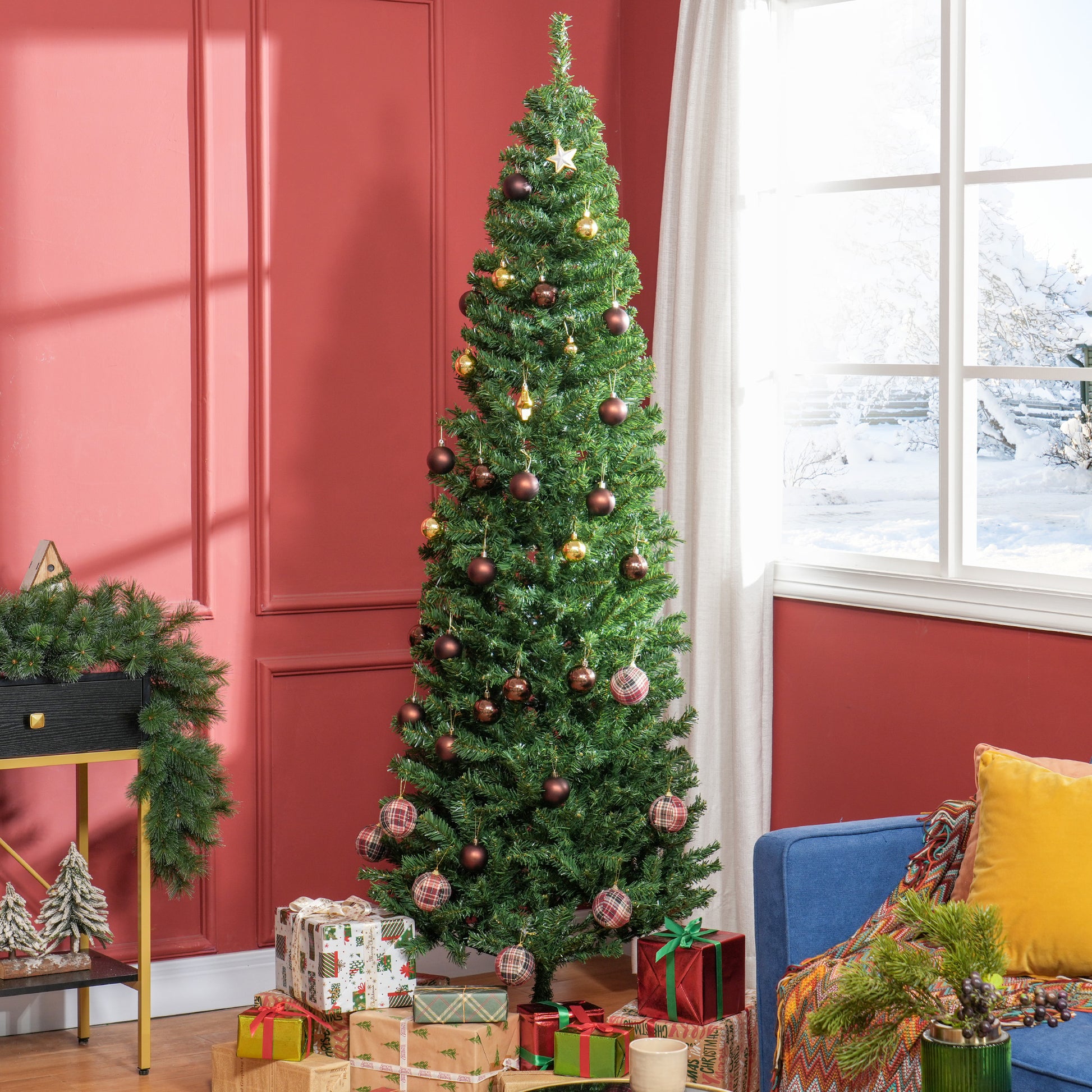 Tall artificial Christmas tree with bronze and gold ornaments perfect for holiday decor