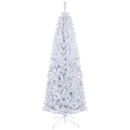 Tall artificial white Christmas tree with a metal stand ready for holiday decoration