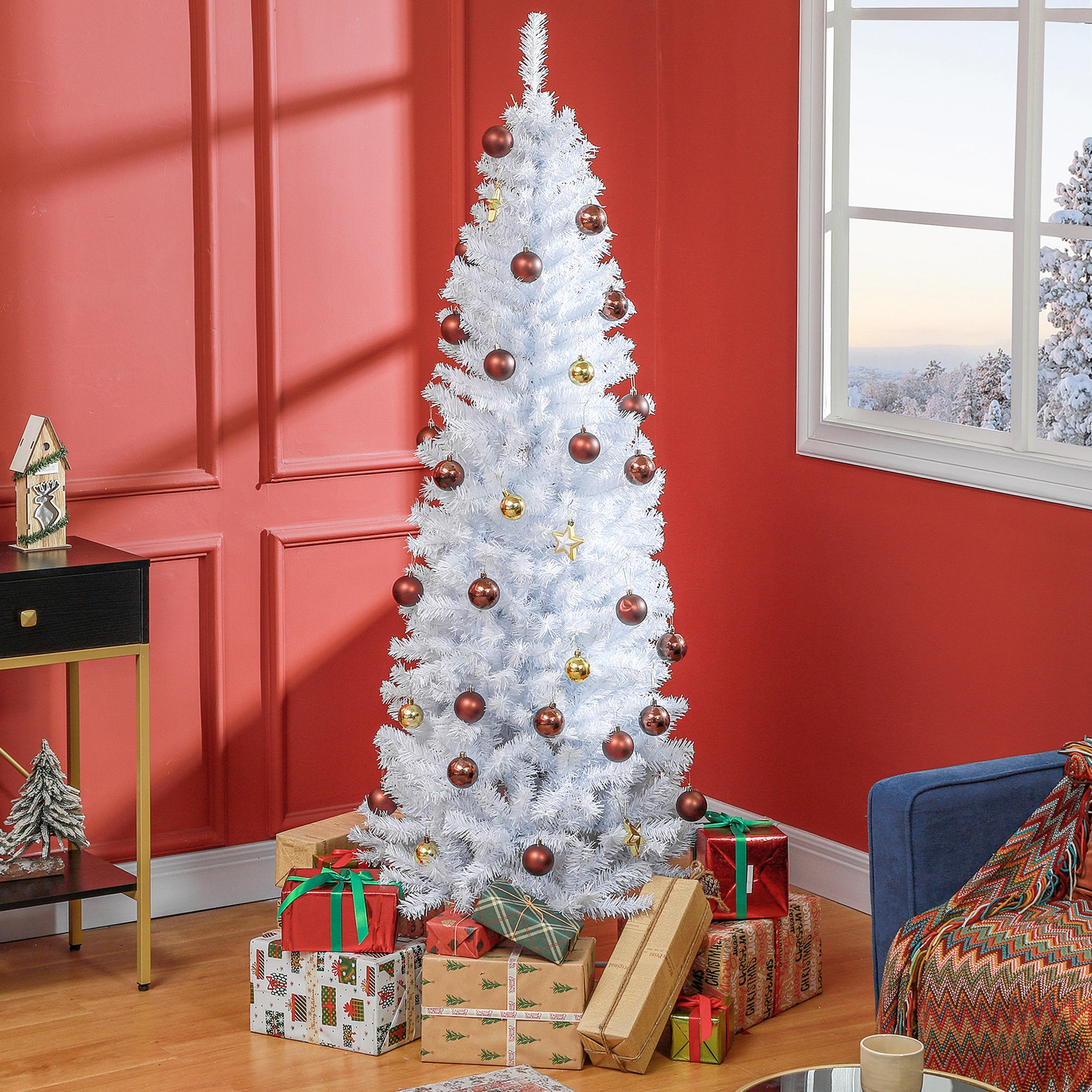 White artificial Christmas tree with red and gold ornaments ft tall