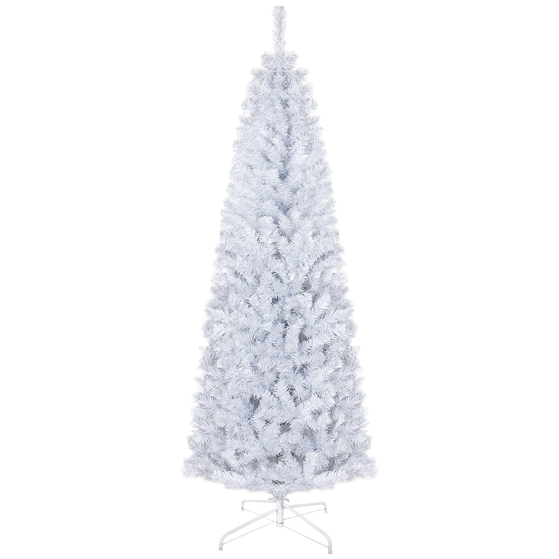 Slim white artificial Christmas tree with a metal stand perfect for modern holiday decor