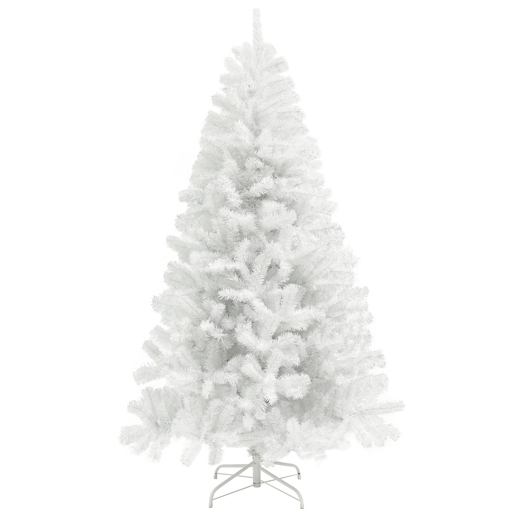 White artificial Christmas tree with dense realistic branches and a sturdy metal stand