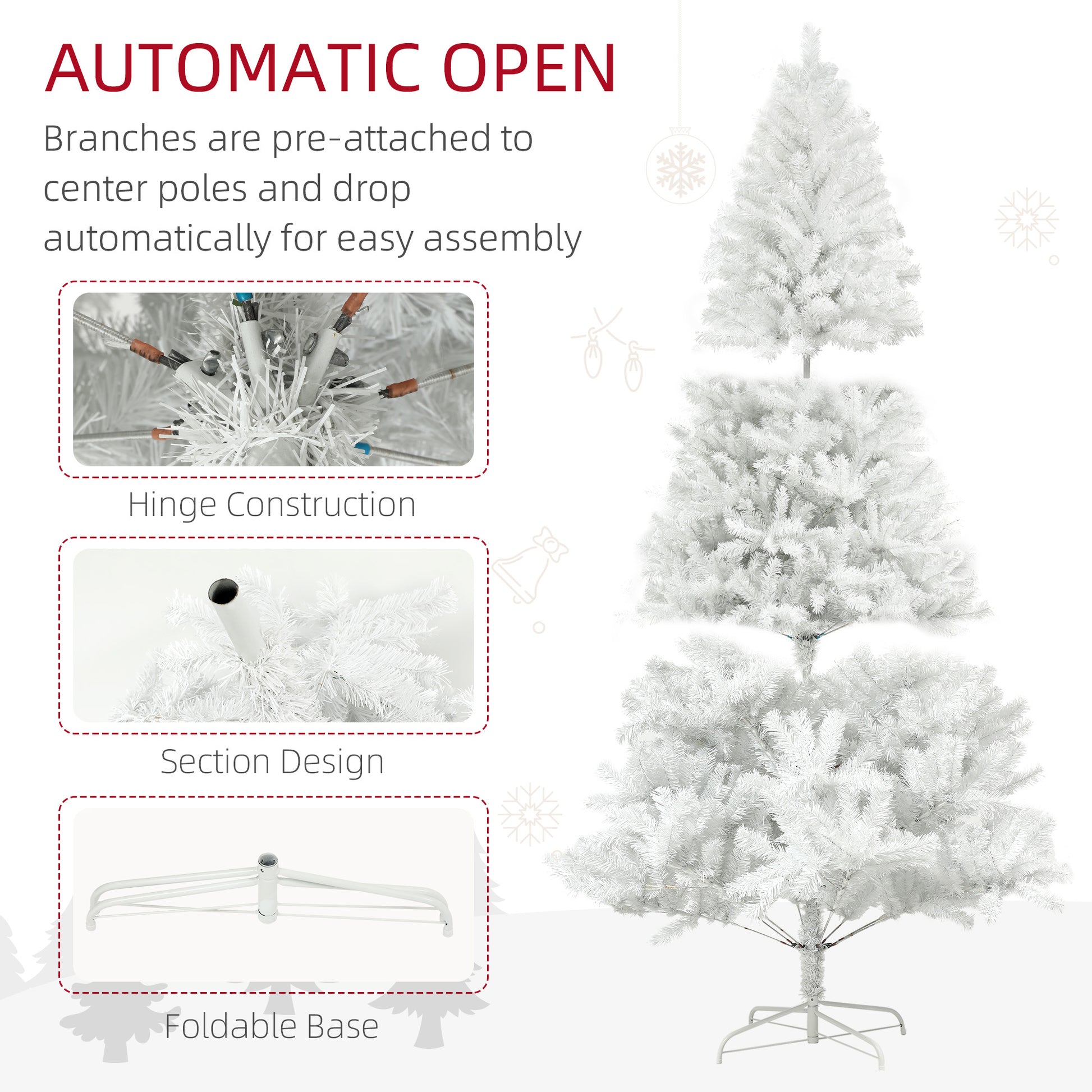 White artificial Christmas tree with preattached branches for easy setup