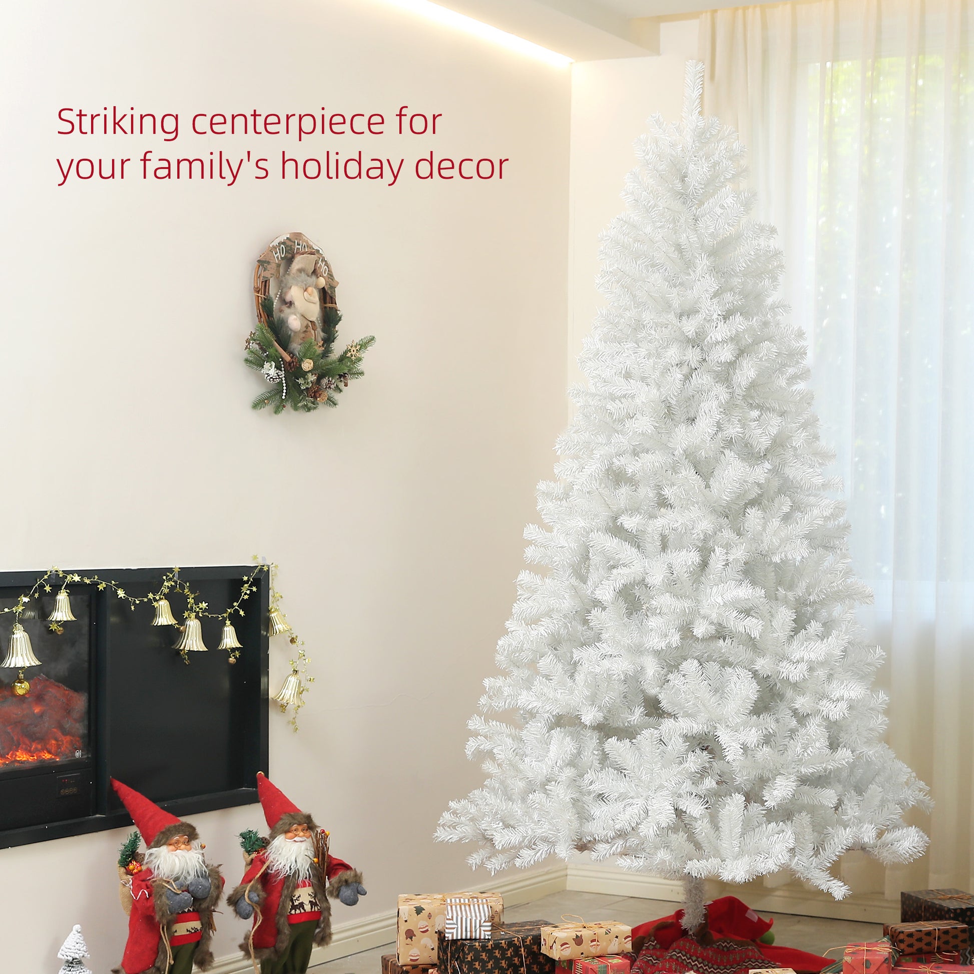 Full shot of a plush white artificial Christmas tree with a sturdy base ready for holiday decorating