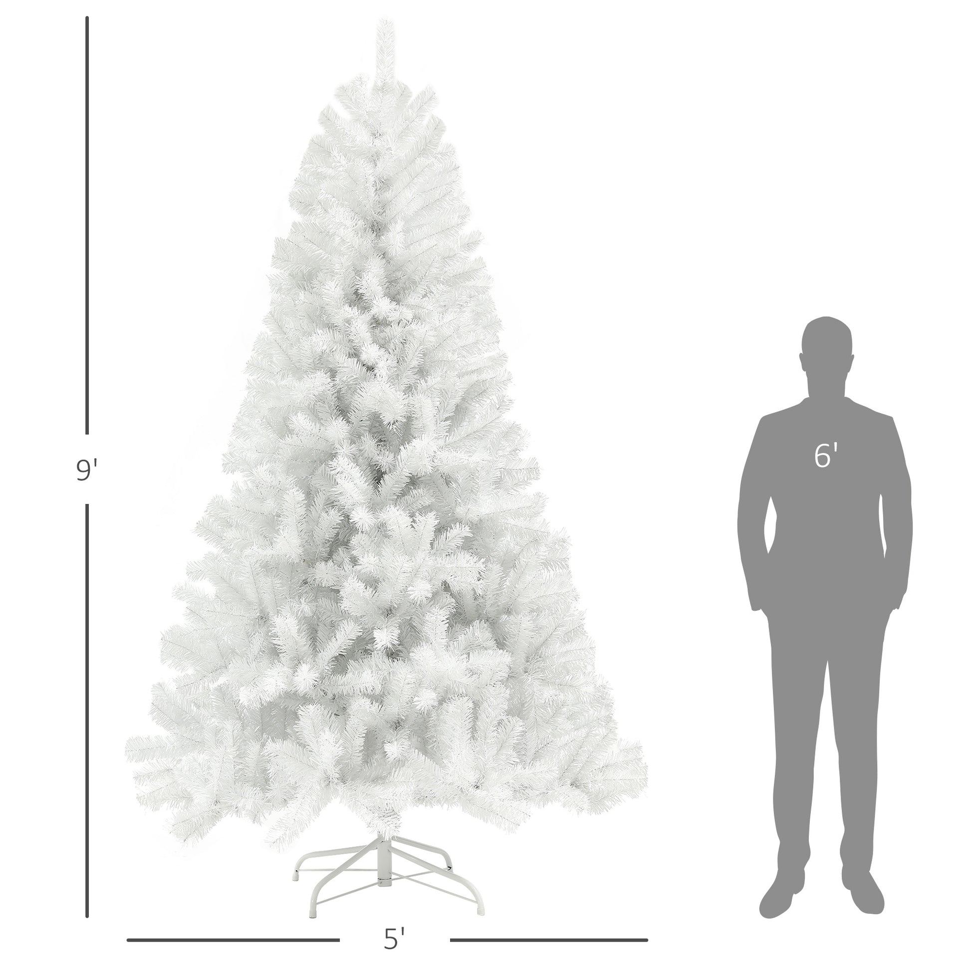 foot white artificial Christmas tree with a foot base width shown next to a foot silhouette