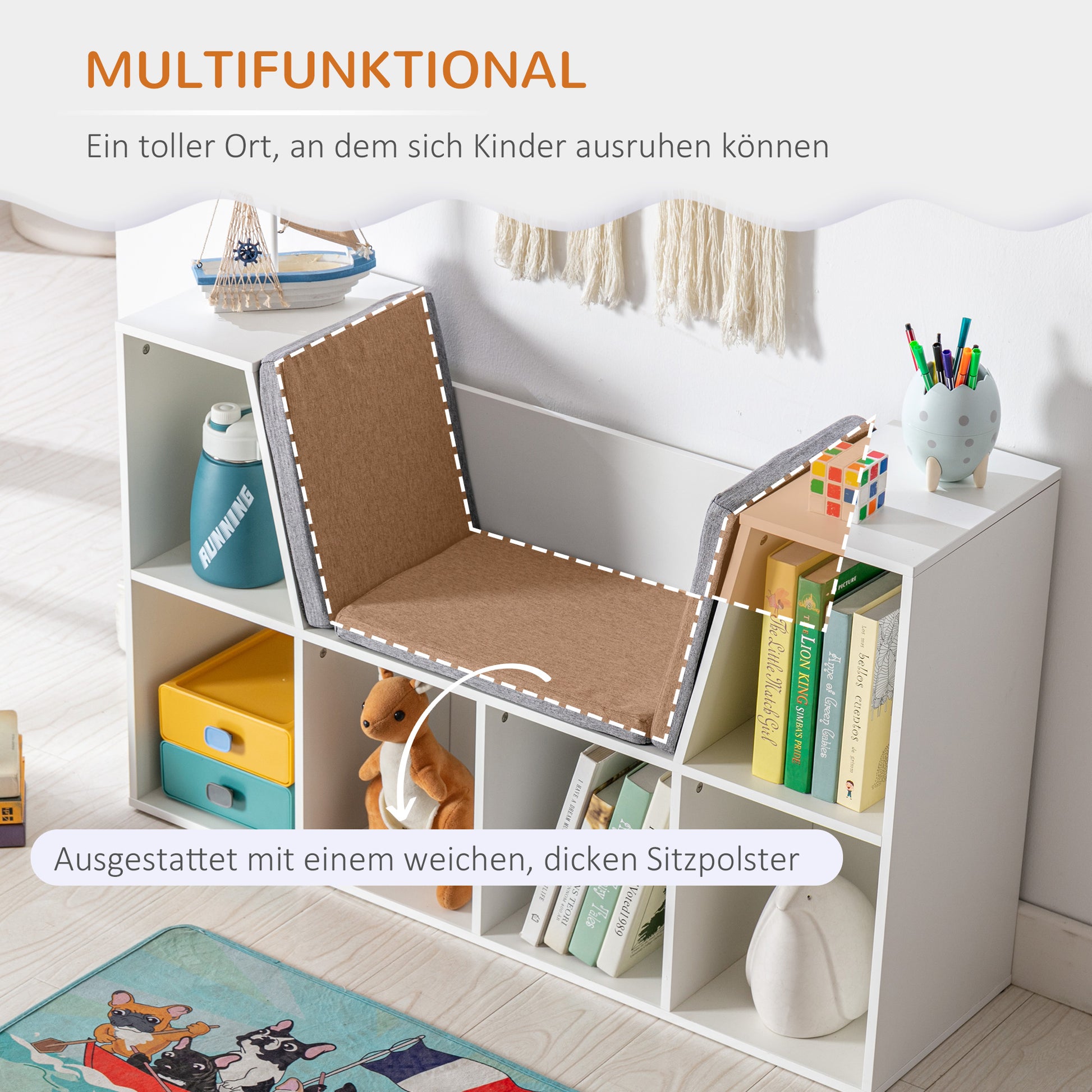 Multifunctional white cube storage unit with integrated seat perfect for kids playrooms