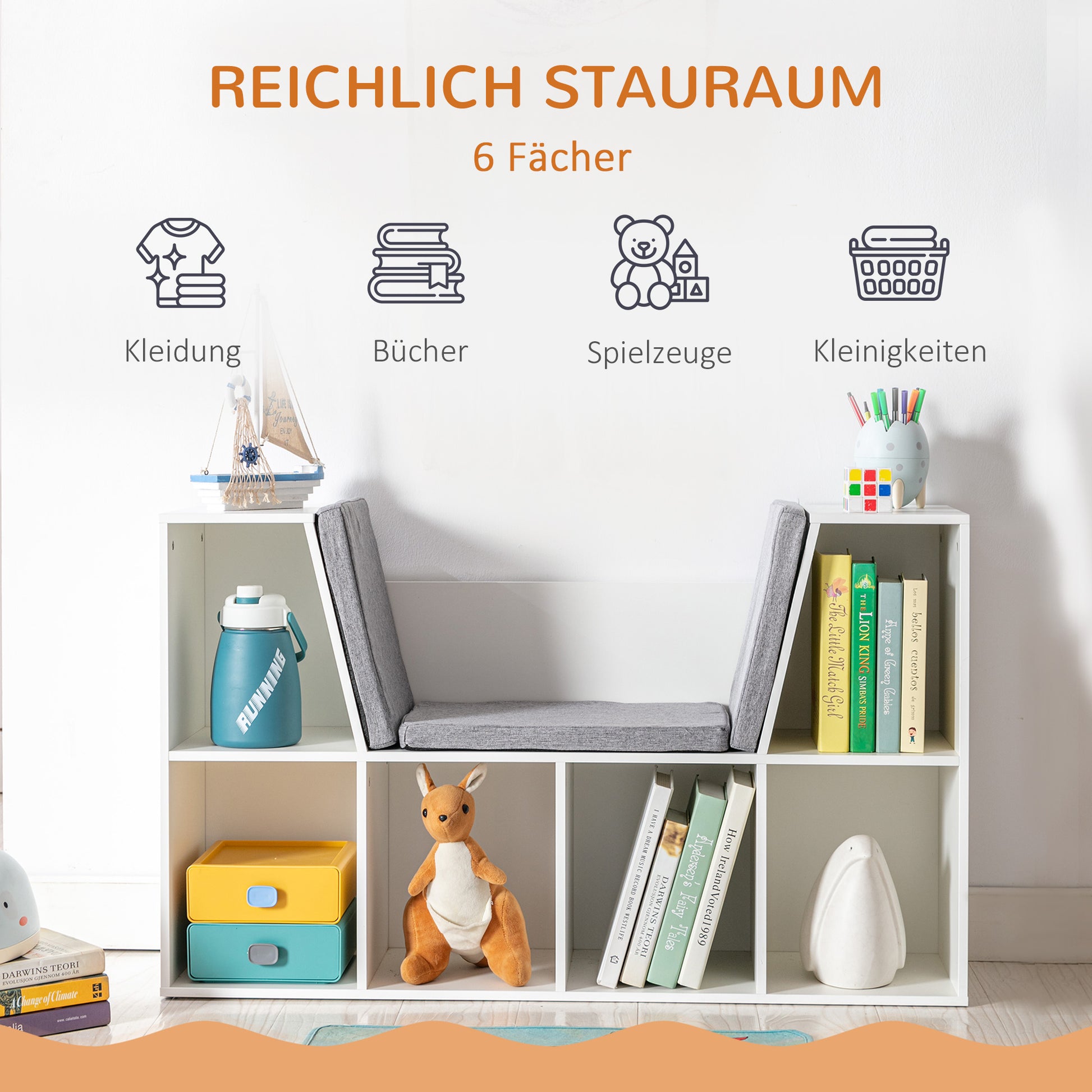 White storage cubes with gray seat cushions holding books toys and storage drawers